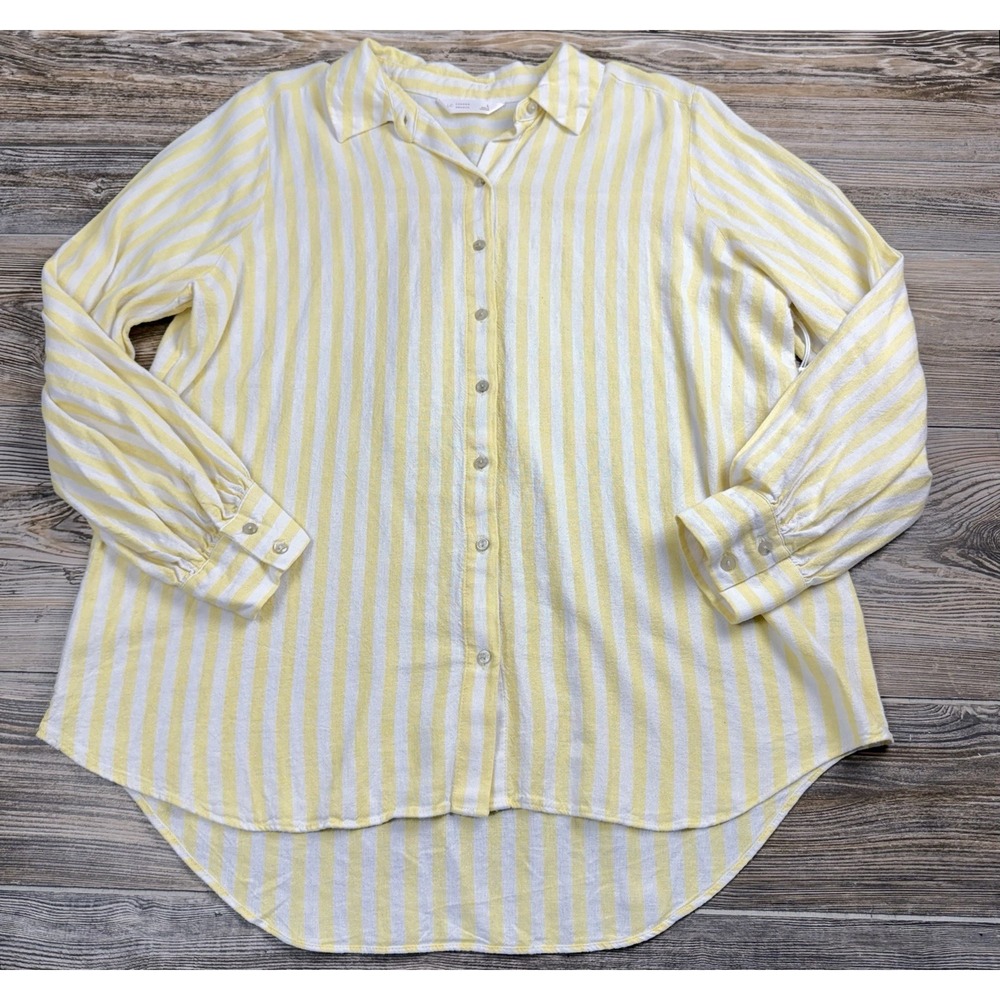 Lauren Conrad Yellow Stripe Button Front Shirt Linen Blend Collared Casual Top L